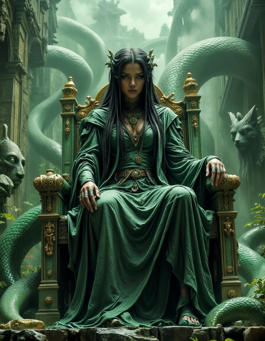 The Serpent Empress of the Jade Temple A majestic serpent-bodied empress, her emerald-scaled form coiling around the ruins of an ancient temple, sits upon a throne of cracked jade and golden filigree, her long black hair woven with intricate braids and jeweled ornaments. Her six clawed fingers rest upon the arms of her throne, each adorned with rings of forgotten power. Heavy silk robes, embroidered with the symbols of lost dynasties, flow down her serpentine body, barely concealing the coiled strength beneath. Around her, giant stone naga statues, weathered by centuries, loom over the mist-filled courtyard, their hollow eyes forever watching. The air hums with a faint, hypnotic melody as mist rolls in from the jungle, carrying whispers of ancient oaths and broken pacts. The atmosphere is mythical, regal, and mysterious, portraying a ruler who has outlasted the empires built in her name.
<lora:dark-fantasy-flux:1>