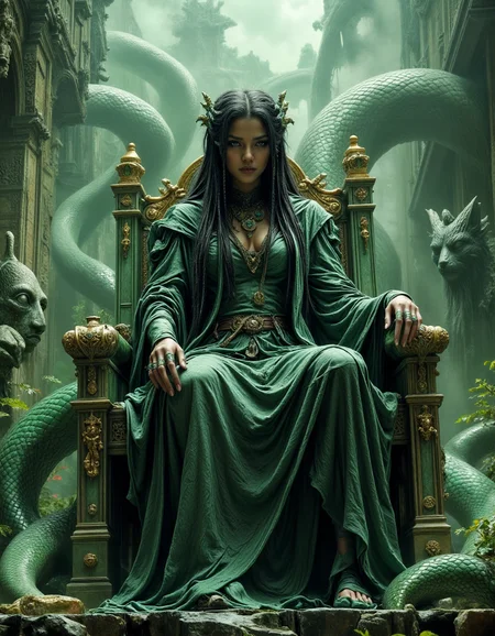 The Serpent Empress of the Jade Temple A majestic serpent-bodied empress, her emerald-scaled form coiling around the ruins of an ancient temple, sits upon a throne of cracked jade and golden filigree, her long black hair woven with intricate braids and jeweled ornaments. Her six clawed fingers rest upon the arms of her throne, each adorned with rings of forgotten power. Heavy silk robes, embroidered with the symbols of lost dynasties, flow down her serpentine body, barely concealing the coiled strength beneath. Around her, giant stone naga statues, weathered by centuries, loom over the mist-filled courtyard, their hollow eyes forever watching. The air hums with a faint, hypnotic melody as mist rolls in from the jungle, carrying whispers of ancient oaths and broken pacts. The atmosphere is mythical, regal, and mysterious, portraying a ruler who has outlasted the empires built in her name.
<lora:dark-fantasy-flux:1>