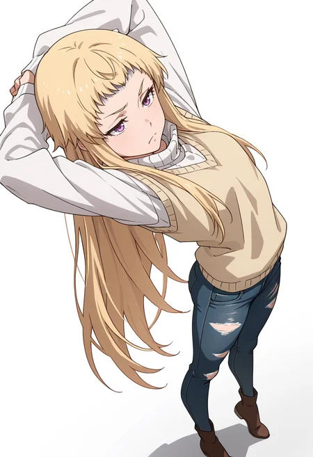 Smooth Quality,masterpiece,very intricate, high quality details, ultra realistic, high detailed skin,detailed enviorement,absurdres,
simple background, white background,solo,
stretching, arms up, tiptoe, arched back, elegant,  ,dutch angle,turn pale,frown, 
sweater vest, ,raincoat,  ,ripped jeans, , 
<lora:Mariabell_Rosso_cnn:0.8> maricnn,1girl, long hair, blonde hair, purple eyes, frown, very long hair,