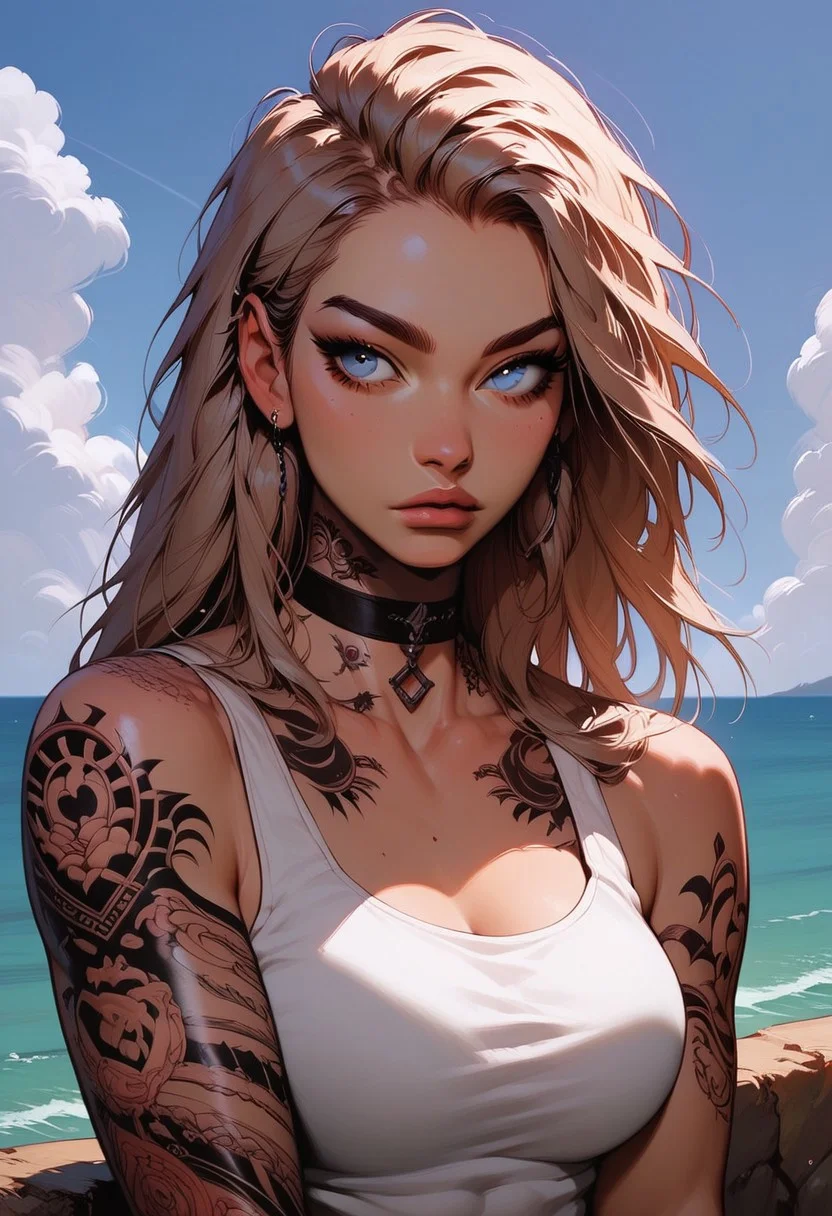 Score_9, Score8_up, Score_7_up, (((High Resolution, Best Quality))),
1girl, solo, toned arms, beautiful blue eyes, Covered in Tattoos, her hand on her head, brushing hair behind ear,
Tanktop, cutoff, choker,
On a Cliff overlooking a beach, Cloudy Sky,