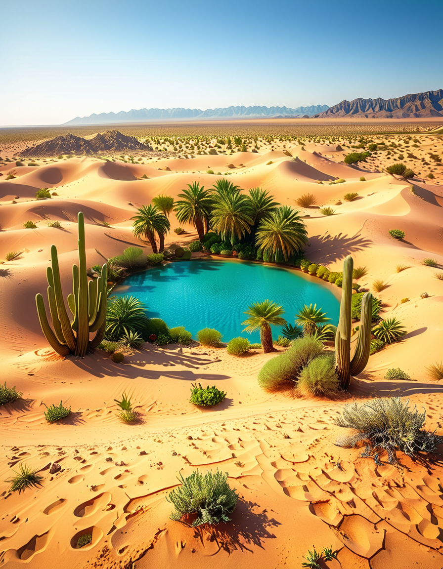 A serene oasis in the middle of an expansive golden desert, surrounded by rolling sand dunes under a vibrant blue sky. The oasis features a small, crystal-clear lagoon with calm, reflective water, bordered by lush green palm trees and colorful tropical plants. The scene is bathed in warm sunlight, with soft golden light illuminating the sand and creating subtle shadows among the dunes. In the background, faint silhouettes of distant mountains blend into the horizon. A few wisps of white clouds drift lazily in the sky, adding depth and texture to the composition. The overall atmosphere is peaceful and tranquil, evoking a sense of calm and wonder in the harsh desert landscape.<lora:SDXLFaeTastic2400:0.4> <lora:extremely_detailed:0.4> extremely detailed, <lora:O4s1s:1>,O4s1s, Masterpiece,best quality,hi res,8k,hi res,8k,award winning,(sharp focus, intricate, highly detailed),