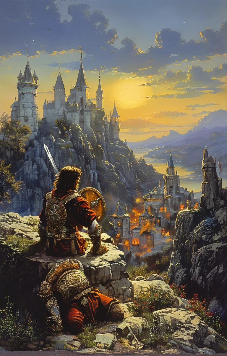 masterpiece,best quality,<lora:tbh182-sdxl:0.9>,style of Clyde Caldwell,Dungeon and Dragon,Brave,Sword,Shield,Dragon,adnd,