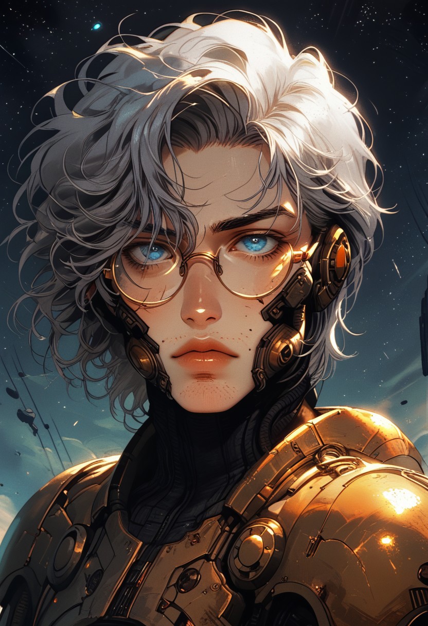 Safe_pos, (score_9, score_8_up, score_8), ultra detailed, high resolution, high quality, masterpiece, intricate details, intricate body, intricate landscape, knva, Expressiveh, European Male, (((1male))), ((male)), source_cartoon, Slender, Handsome, Masculine, ((Grey Hair, Short Hair)), (Circular Eyeglasses), (Undercut), (((Dark Facial Hair, Thick Stubble, Heavy Stubble, Light Beard))), Handsome, (Pale Skin, Delicate and Smooth Skin, Highly Detailed, Strong Jawline), (Blue Eyes), Artificer, (Steampunk Power Armor in the style of fallout-power-armor, space_space, white armor with gold-trim, magic power armor, jewels), Fantasy, Medieval, Steampunk, Space-Suit, Scholar Vibes, ((Extremely Detailed Face and Eyes)), Looking at Viewer, Soft Lighting, Warm Lighting, Unique Angle, Unique Perspective, Dramatic Angle, ((Full Body)), From Above,