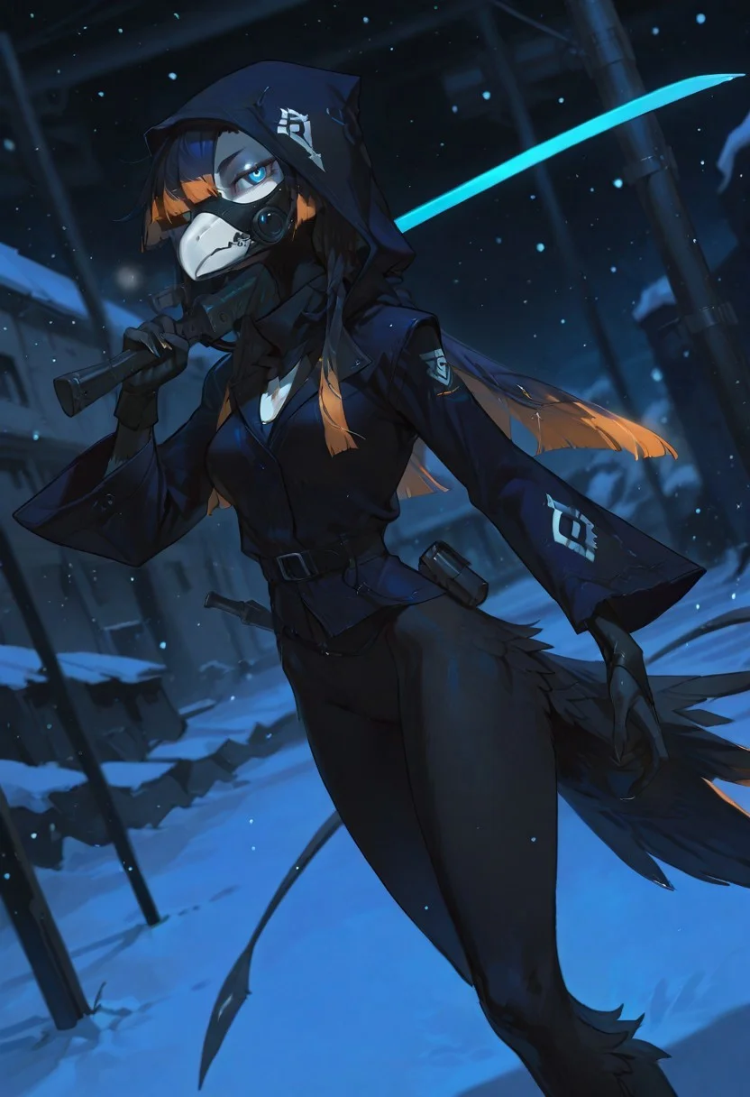 safe_pos, kaltespur,
(masterpiece, best quality:1.2), amazing quality, very aesthetic, 32k, absurdres, extremely beautiful, newest, scenery, extra details, (sharp detailed:1.2),
beautiful detailed hair, shiny hair, beautiful detailed background, extremely detailed eyes,
solo, anthro, female, nevrean,
black hair, hime cut, black body, chest armor plate, orange highlights, short hair, white beak, beak, blue eyes, white face, scuted hands, long tail, slim, skinny,
half-closed eyes, expressionless, long hair, looking at viewer, long sleeves, gloves, holding, weapon, belt, hood, wide sleeves, holding weapon, hair over one eye, coat, mask, glowing, glowing eyes, hood up, snow, snowing, mouth mask, dark blue jacket, over shoulder, weapon over shoulder, utility pole, gas mask, respirator, black leotard,
dutch angle,
debris, particles, dark background, dark blue background, (night:0.8), depth of field, blurry background, blue theme,