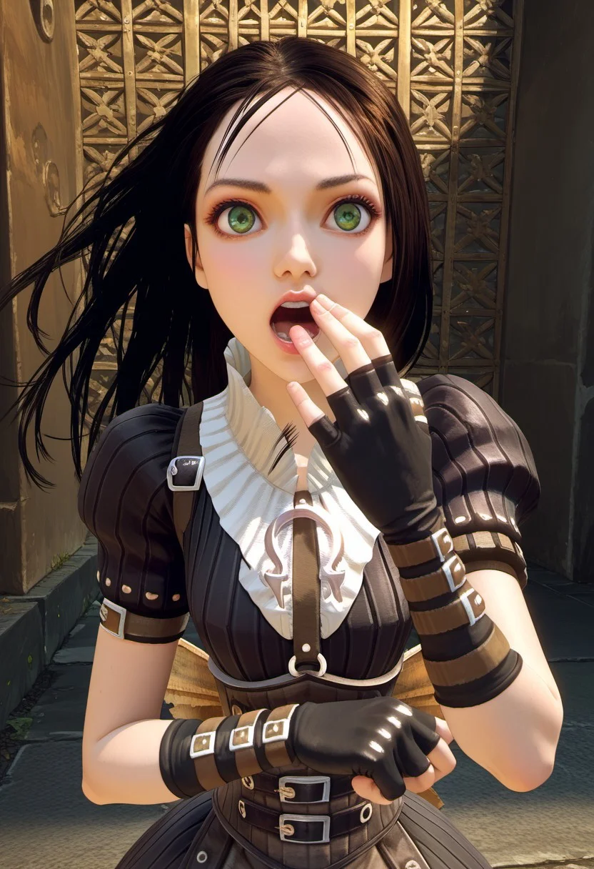 SCORE_9, SOURCE_ANIME, PORTRAIT, ALICE LIDDELL, BLACK HAIR, GREEN EYES, DRESS, FINGERLESS GLOVES, GASP, HAND OVER MOUTH, SUPRISED