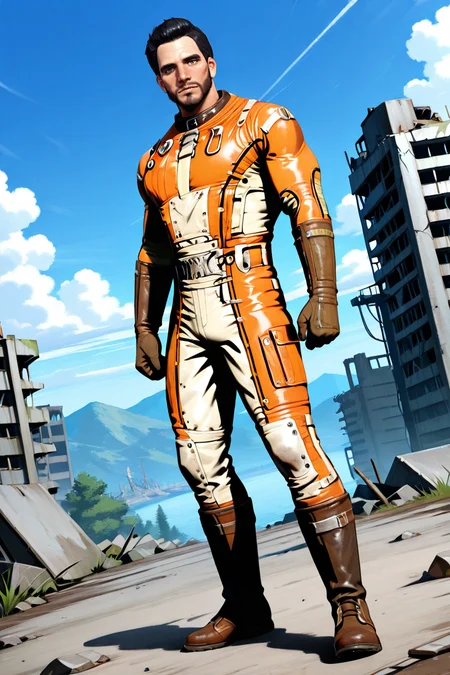 perfect anatomy, perfect proportions, best quality, masterpiece, high_resolution, high quality, best aesthetic, incredibly absurdres, highres, extremely detailed, huge filesize, solo male, adult, mature, masculine, manly, handsome, charming, alluring, full body, dutch angle, cowboy shot, perfect face,   source_game \(Fallout 4\), official style \(Fallout 4\),  Danse \(Fallout 4\), FO4Danse , black hair, short hair, light brown eyes, facial hair, beard, Danse_Outfit01, Brotherhood of Steel bodysuit \(Fallout 4\), two-tone bodysuit, orange/grey bodysuit, gloves, boots, dynamic angle, Fallout 4 location, post-apocalyptic ruins, desolated landscape, dark blue sky