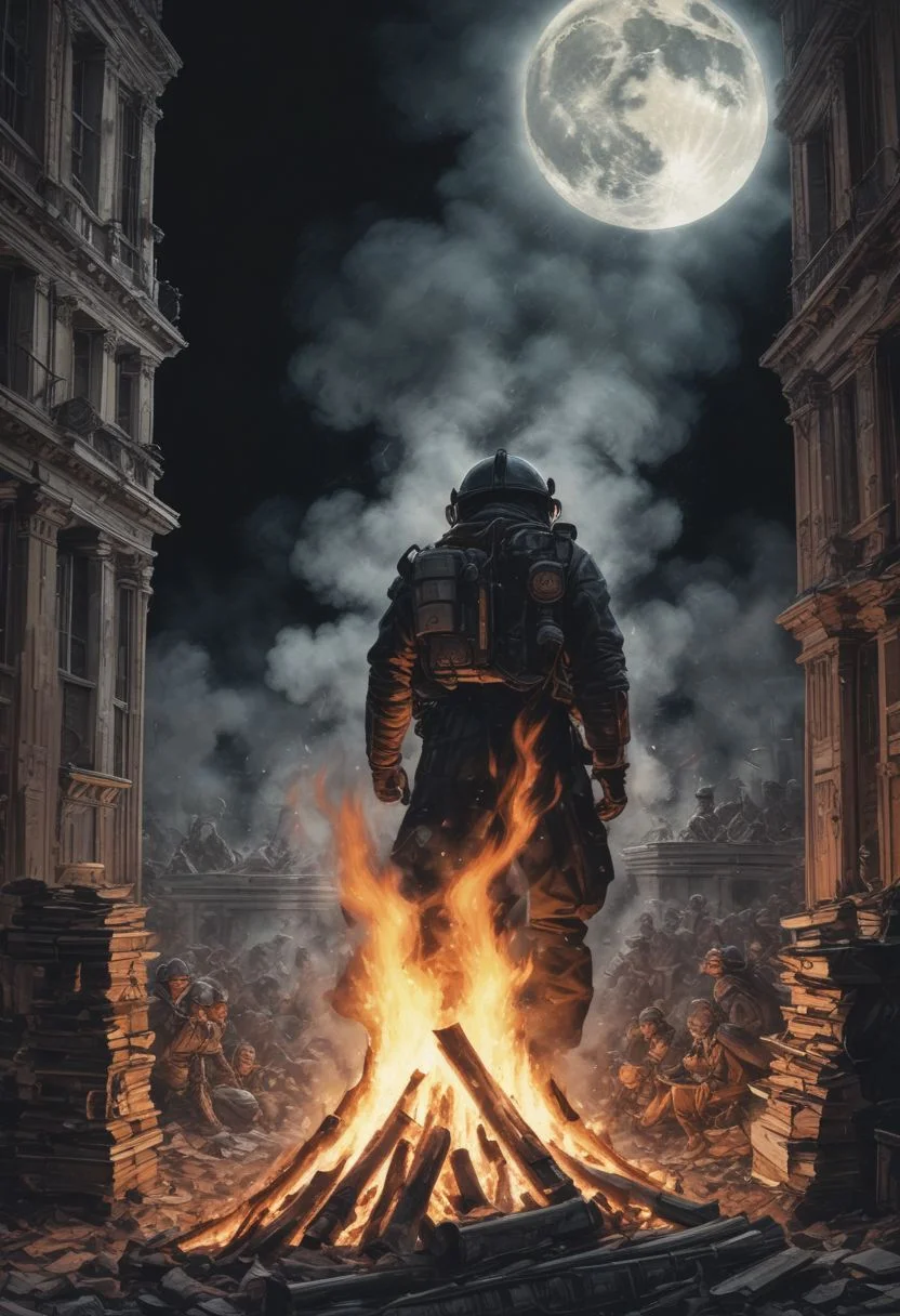 pile of books lit on fire, people around the fire, firemans wearing gas masks started the fire with big blowtorch, night, full moon
