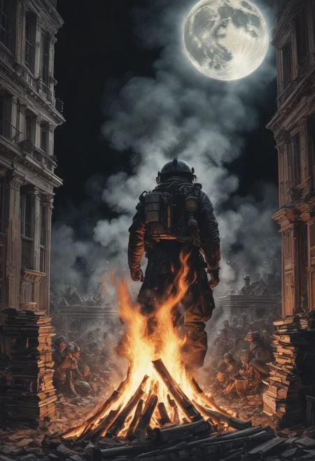 pile of books lit on fire, people around the fire, firemans wearing gas masks started the fire with big blowtorch, night, full moon