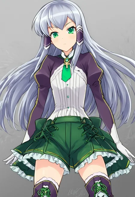 score_4_up, elze silhoueska ,silver hair,long hair, 1girl, solo,hair tubes,green eyes,elzedress,long sleeves, white shirt, brooch,green necktie, white gloves, green skirt,frilled skirt, thighhighs,cross-laced footwear, knee boots,