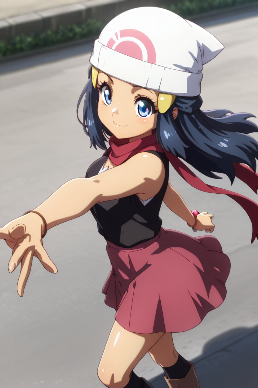 masterpiece, best quality, 1girl, solo, beautiful eyes, zzDawn, blue hair, blue eyes, sidelocks, long hair, bare shoulders, beanie, black shirt, black socks, bracelet, hat, jewelry, kneehighs, miniskirt, pink skirt, red scarf, scarf, shirt, skirt, sleeveless, sleeveless shirt, white headwear,  <lora:DawnPokemonIXL_e07:1.0>  <lora:OkitsuraStyleIXL:1.0>, from above, dynamic pose, cowboy shot, smile, looking at viewer, shiny skin,