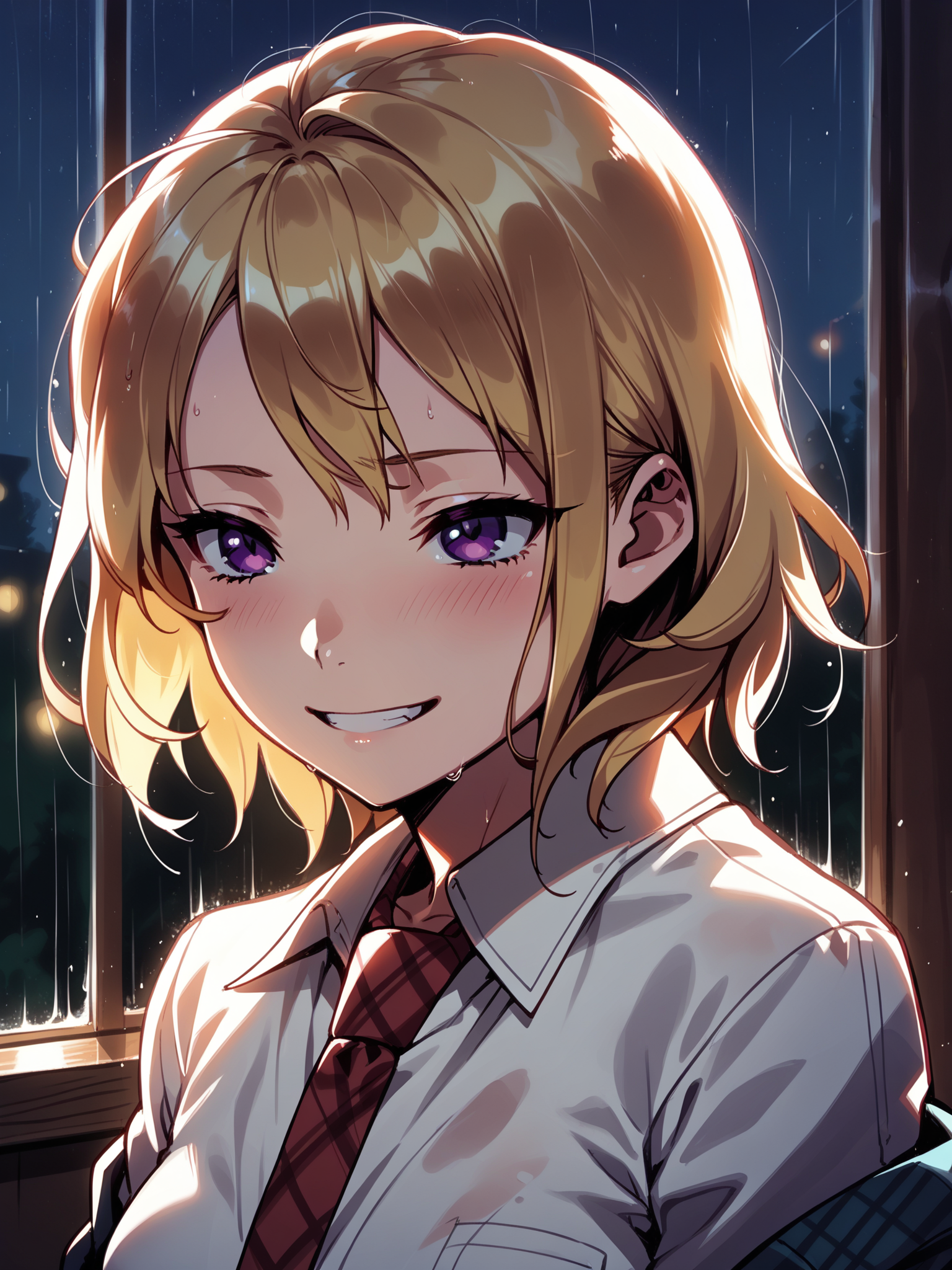 (upper body, solo focus:1.2) <lora:happy_tentacle-lovebeat-v0.2-000036:1>, ht_lovebeat, blonde hair, purple eyes, collared shirt, blazer, pleated skirt, plaid skirt, plaid necktie, garter straps, thighhighs, knee boots, lace-up boots, () ( :1.1) ( , , (sad :1.2) , smile , looking up :1) , indoors, ((night, night sky :0.6), rain :0.8), (open window :0.9), (furniture:0.9), , , , , ( :0.9) ((from behind :1.3) :0.8) score_9, score_8_up, score_7_up, score_6_up, score_5_up, score_4_up, ( [(realistic, photorealistic:1.3):(realistic:1.2):12] [(3d:1.2)::10] :1) <lora:LUUNA's Lunas-NijiJourney-SDXL-B2:0.35>, nijijourney <lora:prgfrg23's Counterfeit-V3.0 Style SDXL_LoRA_Pony Diffusion V6 XL:0.5> <lora:mfcg's mfcgXL:0.12> <lora:reweik's gyokai(himehajime)_PonyXL_style_v01:0.14>