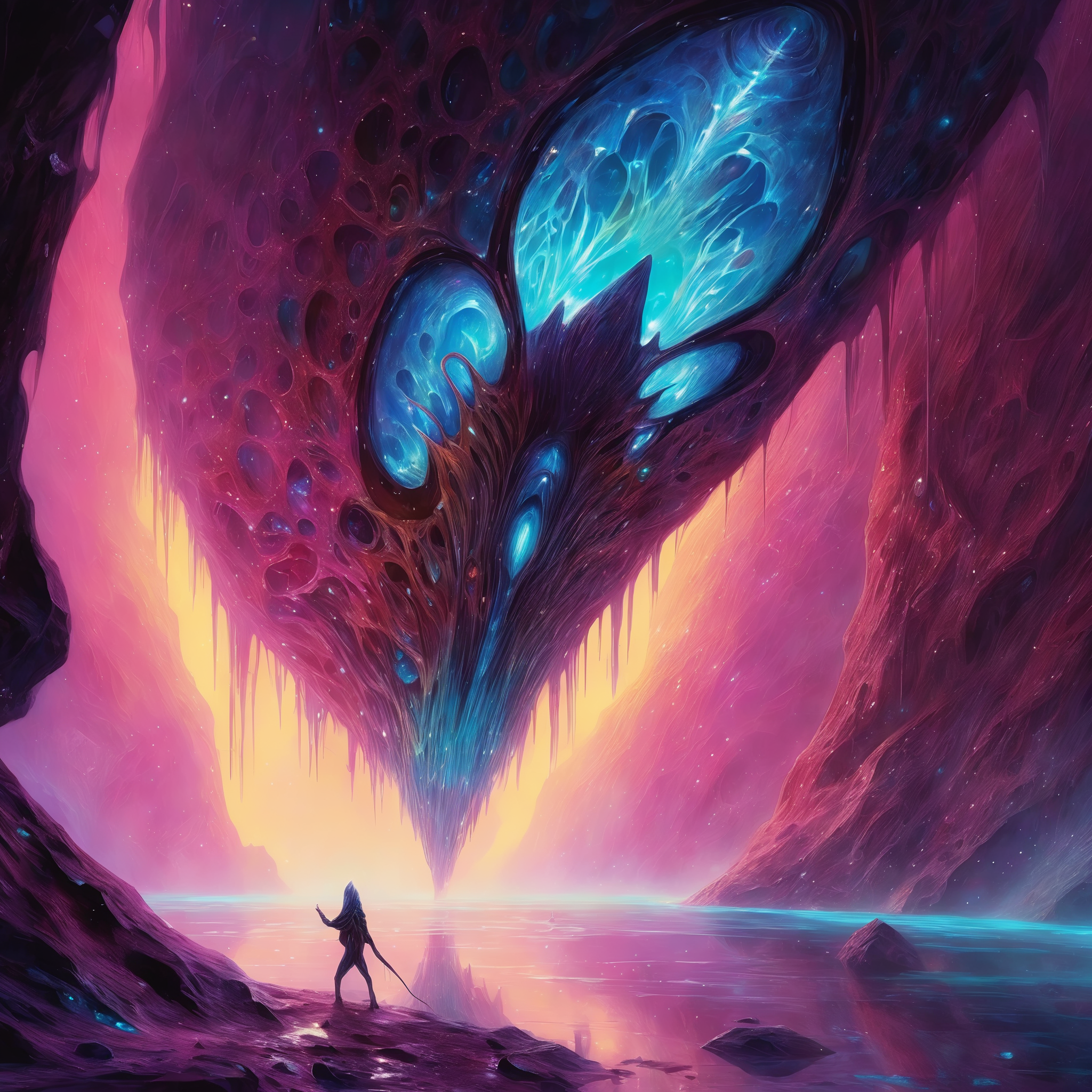 <lora:add-detail-xl:2.0>,  <lora:style-noah_bradley-xl:1.1>, noah bradley style, detailed expressive eyes, fantasy style, deep in the crystalline caverns of planet blunderbunny secundus roams the silicon-based resiliforged imaginary noodlefairy, here it is shown emerging from its tunnel lair in the vibrant, gemstone-studded walls of the underground agglefreck. this creature is covered in crystalline tocker arranged in colorful fractal patterns, reflecting the iridescent glow of the bioluminescent fungi around it, one should watch out for its dangerous eccentoblimeyd tail, extremely detailed, dramatic scene