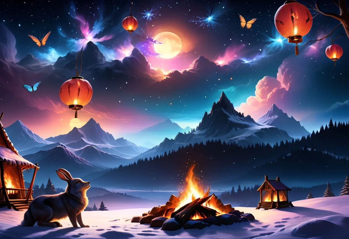 A fantasy snow landscape with rabbits and wolves, Snowfall at sunset, lanterns by the wayside, colorful butterflies flying past, a campfire burns in the distance
scenery,landscape,starry sky, sky, night,4esthet1c, <lora:AestheticSceneSDXL:0.8>