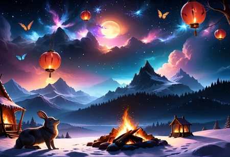 A fantasy snow landscape with rabbits and wolves, Snowfall at sunset, lanterns by the wayside, colorful butterflies flying past, a campfire burns in the distance
scenery,landscape,starry sky, sky, night,4esthet1c, <lora:AestheticSceneSDXL:0.8>