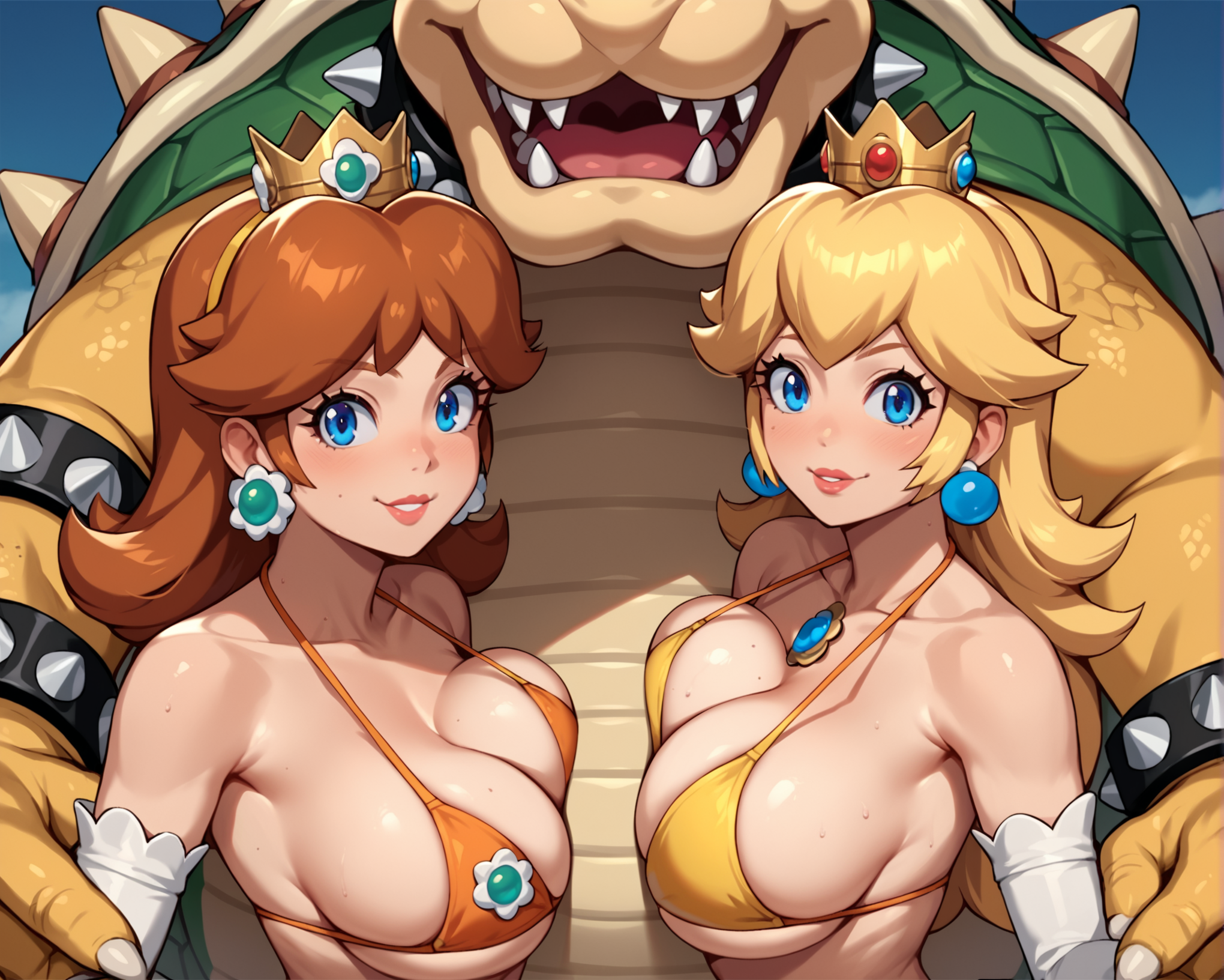 score_9, score_8_up, score_7_up, source_anime BREAK 2girls, 1boy, princess peach, princess daisy, standing, upper body, smile, large breasts, perky breasts, cleavage, bikini, <lora:Girl_Sandwich_2girls_1boy:0.6>, 2girls1boy, breast press, male face out of frame, bowser, monster and girls, looking at viewer, rating_questionable