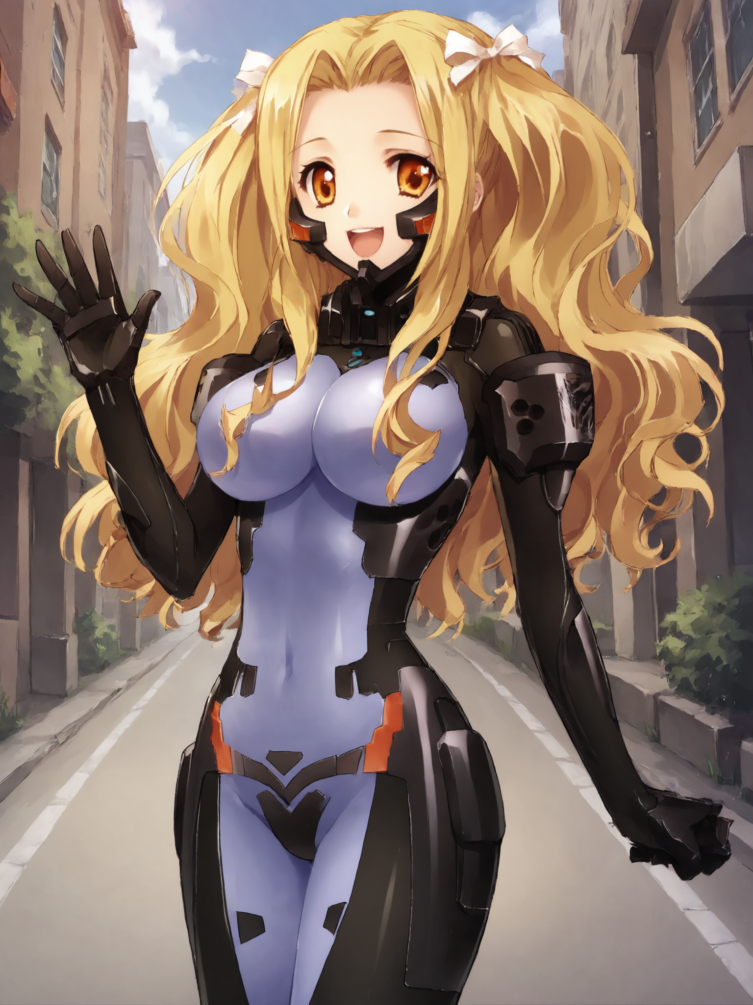 score_9, score_8_up, score_7_up, zPDXL, zPDXLpg, <lora:offset_0.2:0.1>, <lora:spo_sdxl_10ep_4k-data_lora_webui:1>,
1girl, solo,
schwarzesmarkenfortifiedsuit, pilot suit, impossible bodysuit, <lora:East_German_Fortified_Suit:1>,
inghild bronikowski, blonde hair, curtained hair, sidelocks, long hair, wavy hair, hair ribbon, white ribbon, brown eyes, large breasts,
looking at viewer, excited, happy, waving arm,
outdoors, city, street