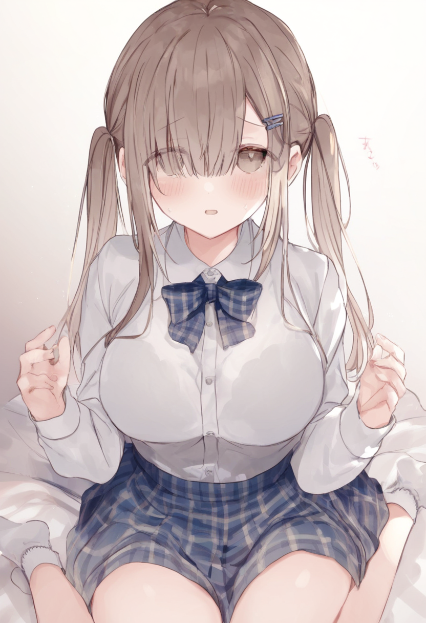 1girl, black bra, blue bow, blue bowtie, blush, bow, bowtie, bra, bra visible through clothes, breasts, brown eyes, brown hair, collared shirt, eyes visible through hair, hair ornament, hair over one eye, hairclip, large breasts, long hair, long sleeves, looking at viewer, open mouth, plaid clothes, plaid skirt, shirt, shirt tucked in, sitting, skirt, socks, solo, thighs, twintails, underwear, wariza, white shirt, white socks, masterpiece, best quality, good quality