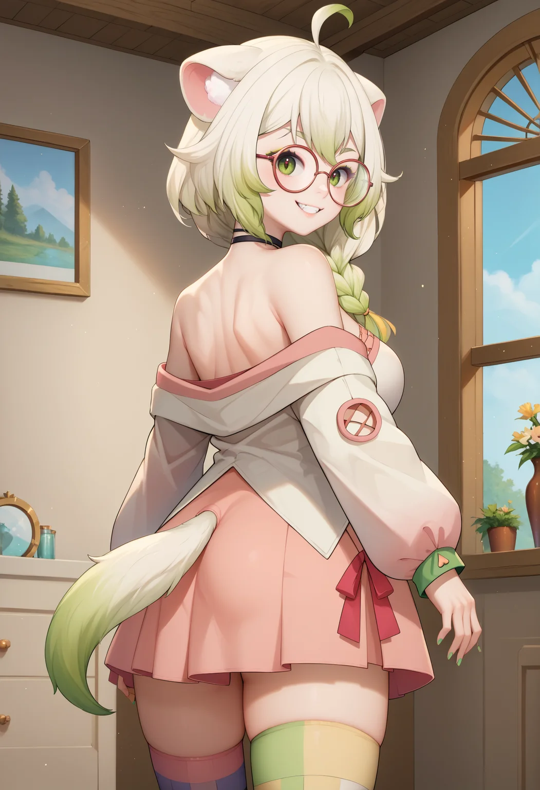 score_9, score_8_up, score_7_up, BREAK 1girl, solo, LaimuVT, green eyes, animal ears, tail, multicolored hair, medium hair, single braid, breasts, <lora:LaimuPDXL_V1-Manityro-CAME:1.0>, indoors,  
looking at viewer, smile, looking back, round glasses, light green nails, rear view, straps,
choker, white jacket, off shoulder, striped thighhighs, asymmetrical legwear, mismatched legwear, animal ear legwear,