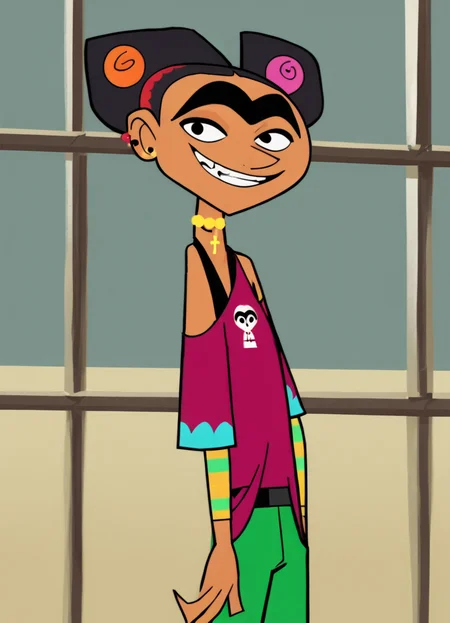 frida, 1girl, unibrow, red headband, jewelry, earrings, double_bun, black hair, hair bobbles, solo,grin, print shirt, black eyes, cross necklace, smile, piercing, green pants, off shoulder, score_9, score_8_up, score_7_up, score_6_up, score_5_up, score_4_up, looking at viewer, cowboy shot, <lora:FridaCHPony1.0:1>