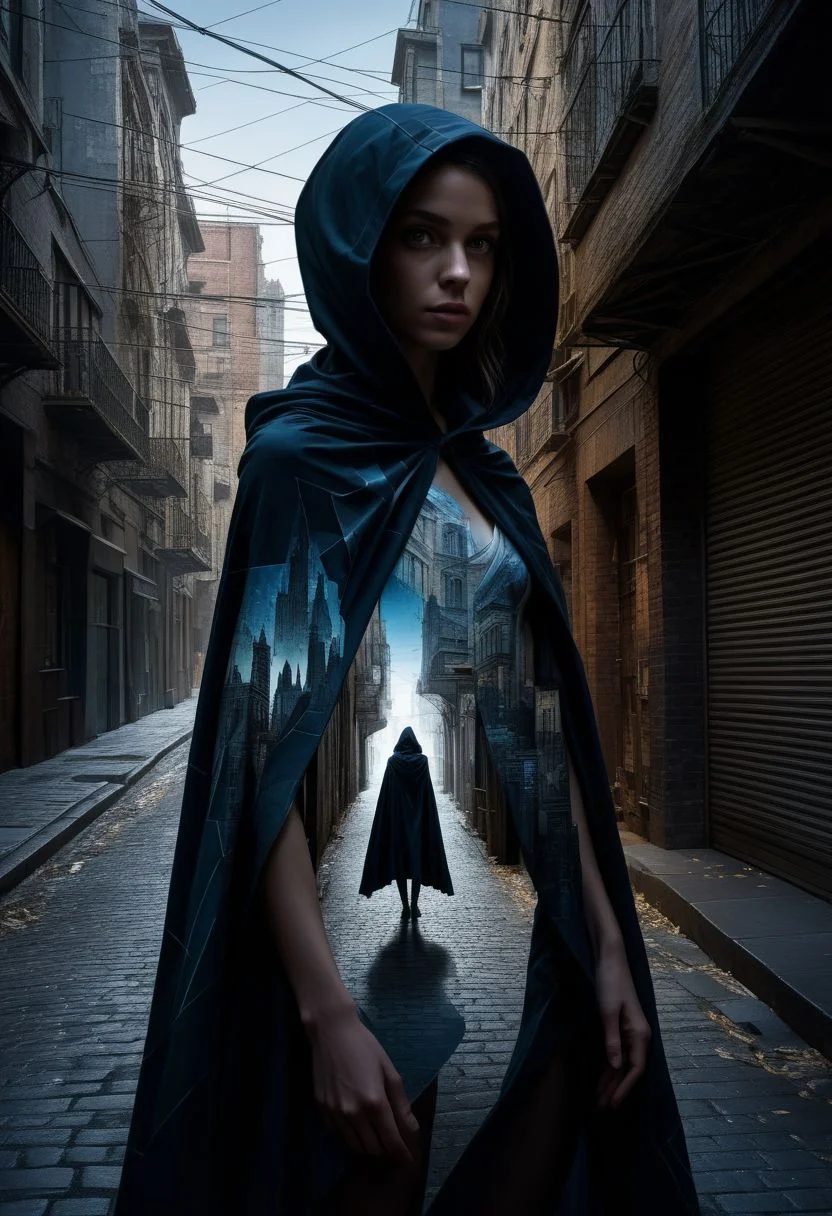 mysterious silhouette of a woman thief in a cape, alley, fantasy novel main character, goddess, alluring, by Minjae Lee, Carne Griffiths, Emily Kell, Steve McCurry, Geoffroy Thoorens, Aaron Horkey, Jordan Grimmer, Greg Rutkowski, amazing depth, double exposure, surreal, geometric patterns, intricately detailed, bokeh, perfect balanced, deep fine borders, artistic photorealism , smooth, great masterwork by head of prompt engineering <lora:add-detail-xl:2> <lora:Double_Exposure:0.5>