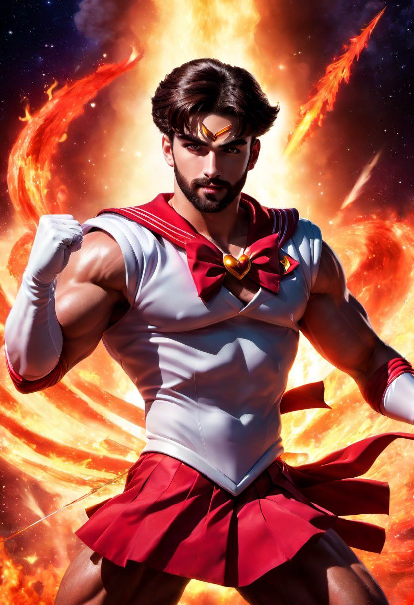 1male, male focus, riot style, digital art, concept art, semi realistic, fantasy, 4k, best quality, masterpiece, extremely detailed, very detailed face, very detailed eyes, dynamic angle, close up, dynamic pose, rising hand, movie poster of a male bodybuilder, MAN, MALE, muscular male, handsome, young man, brunette, medium hair, straight hair, pointed eyebrows, full beard, huge plumped lips, big lips, vieogame eyes, blush, big pectorals, strong, happy, smirking, wearing a sailor mars dress, sailor senshi uniform, shooting an arrow, fighting in space, surrounded by fire, (cinematic light, volumetric)