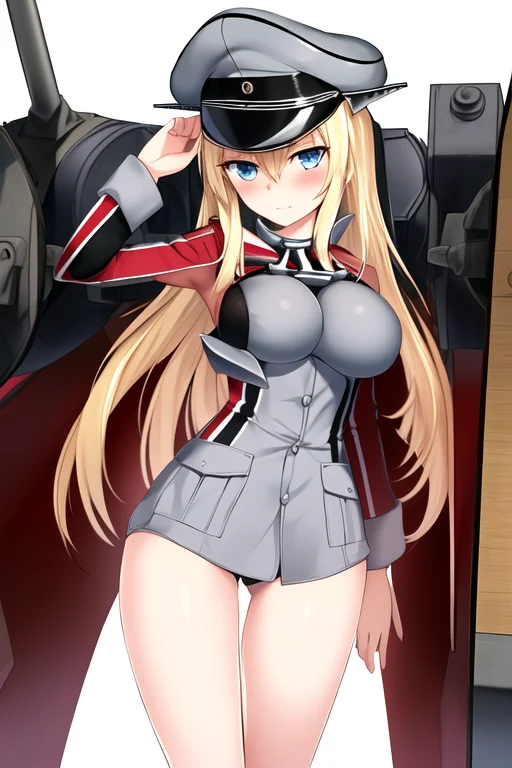 masterpiece, best quality, highres, solo, {bismarck_kantaicollection:1.10}, blonde_hair, long_hair, blue_eyes, breasts, hat, peaked_cap, large_breasts, military, blush, military_hat