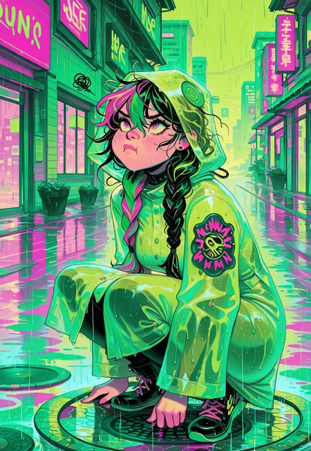 solo, looking up, squatting, hair between eyes, rain, wet, pout, squiggle,
split-color hair, single braid, long hair, messy hair, [hair over shoulder],
raincoat, building, manhole,
geneva bowers, [realistic], limited palette, neon green, neon pink,
masterpiece, best quality, absurdres, [dynamic pose]
