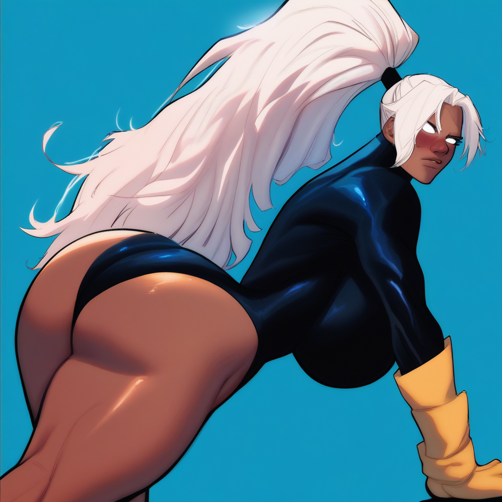 Source_anime, x-men, x-men:_the_animated_series, marvel, ((score_9)),score_8_up,score_7_up,score_6_up,score_5_up,score_4_up, 1girl, solo, storm_(x-men), (N44V5STYL3V1:1.2), white eyes, no pupils, black eyelashes, long hair, white hair, high ponytail, adult female, (dark skin), dark-skinned_female, massive breasts, big ass, curvy, skinny, thick thighs, bare legs, tall, fit, ass_visible_through_thighs, bodysuit, impossible clothing, leotard, blushing, blue background background