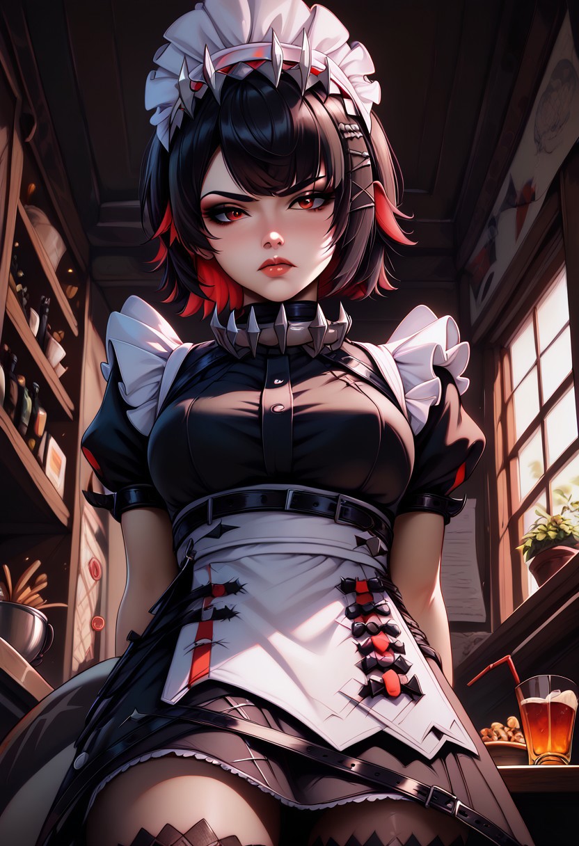 ellenJoeZzz, red eyes,short hair, hair ornament,shark tail, apron, belt, black belt, black dress, black eyeshadow, black hair, black nails, black shirt,  chain, colored inner hair, dress, eyeshadow, hair ornament, maid headdress, makeup, multicolored hair, shark tail, sharp teeth, shirt, short hair,  tail, white apron,
irritated, slight blush, lips closed,
1 girl, sit on chair, hands behind back, POV, 
cozy room, cafe, , view from below,
DNDFG, Detailed drawing, Fixhand,