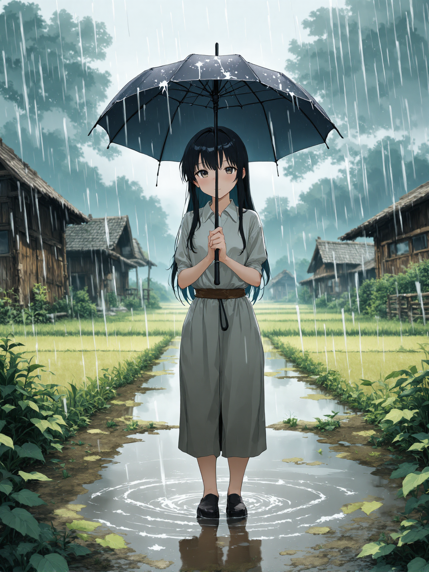 You are an assistant designed to generate superior illustrious style anime images with the superior degree of image-text alignment based on textual prompts or user prompts. <Prompt Start>  
girl with long black hair stands in the countryside, holding an umbrella as heavy rain pours down around her. She is wearing a simple rural outfit, with the backdrop showing traditional wooden houses and fields fading into the mist. The rain creates ripples in puddles and splashes off the umbrella, with water droplets visibly clinging to the leaves and surfaces. The atmosphere is melancholic yet serene, capturing the essence of a quiet, remote village during a rainstorm,

