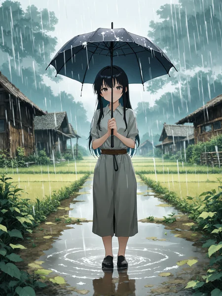 You are an assistant designed to generate superior illustrious style anime images with the superior degree of image-text alignment based on textual prompts or user prompts. <Prompt Start>
girl with long black hair stands in the countryside, holding an umbrella as heavy rain pours down around her. She is wearing a simple rural outfit, with the backdrop showing traditional wooden houses and fields fading into the mist. The rain creates ripples in puddles and splashes off the umbrella, with water droplets visibly clinging to the leaves and surfaces. The atmosphere is melancholic yet serene, capturing the essence of a quiet, remote village during a rainstorm,