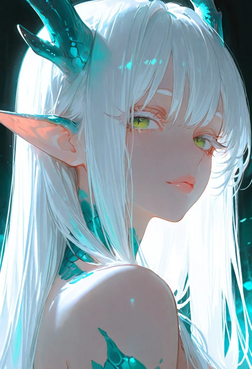 masterpiece, best quality, good quality, newest, highres, absurdres, volumetric lighting,gradient color,
BREAK
raytracing, volumetric lighting, ambient occlusion, girl, luminescent background, masterpiece, best quality, very awa, absurdres,
BREAK,
ryu, teal scales, pointed ears, white hair, green eyes, long hair, eastern dragon horns, long eyelashes, white eyelashes, sexy lips,