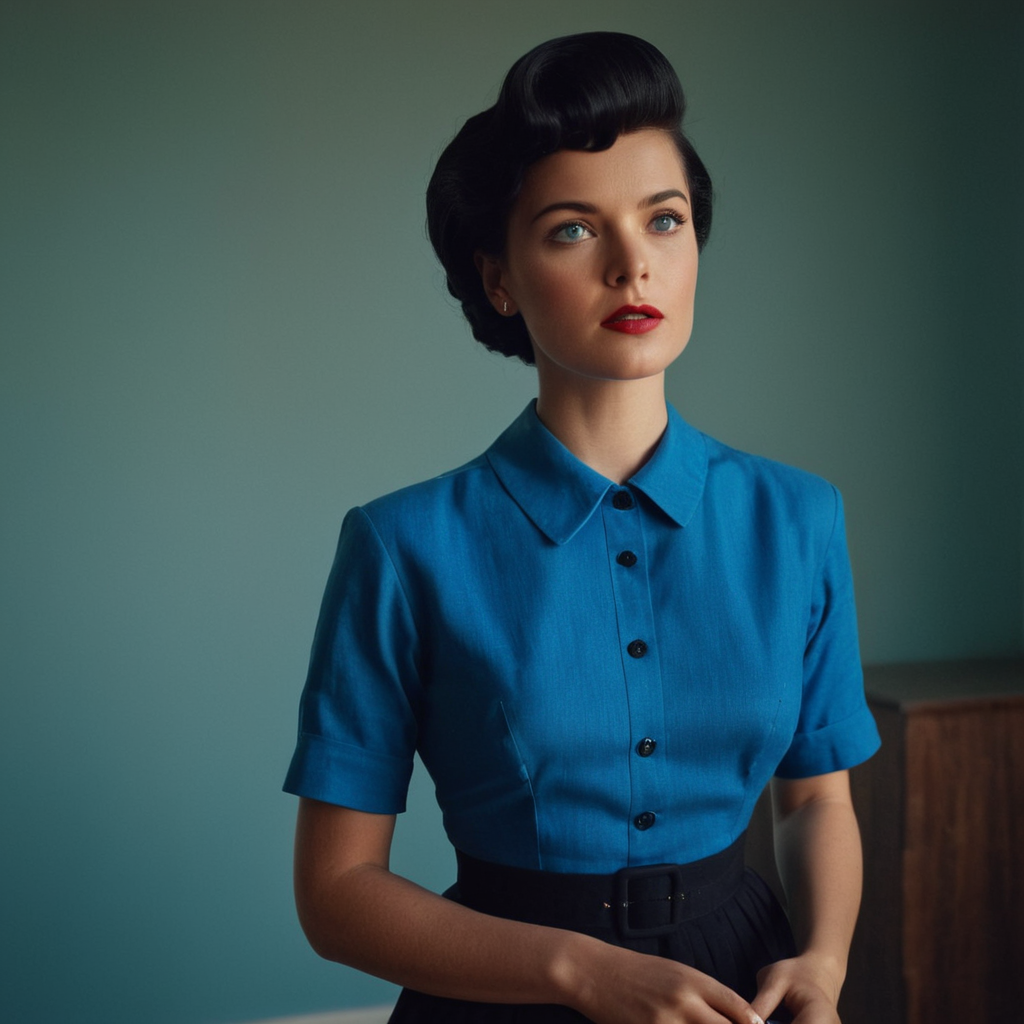 UHD, 4k, ultra detailed, cinematic, a photograph of  <lora:Retro Fashion style:1>
a woman in a blue dress standing in a room retro style,solo,short hair,blue eyes,shirt,black hair,1boy,closed mouth,upper body,male focus,looking to the side,blue shirt,realistic , model, modeling, retro, fashion, vintage, classic, 1950's, 1940's 1960's, different, colorful, different hair style, vivid, film noise, film grain, filmic, perfect, perfection, detailed, contrast, deep color, saturation, fashionista, retro fashion style, epic, beautiful lighting, inpsiring