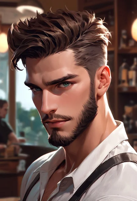 score_9,score_8_up,score_7_up, handsome 40 yo man with beard posing, barber shop, hyperdetailed photography, headshot, comb over hair, looking at viewer