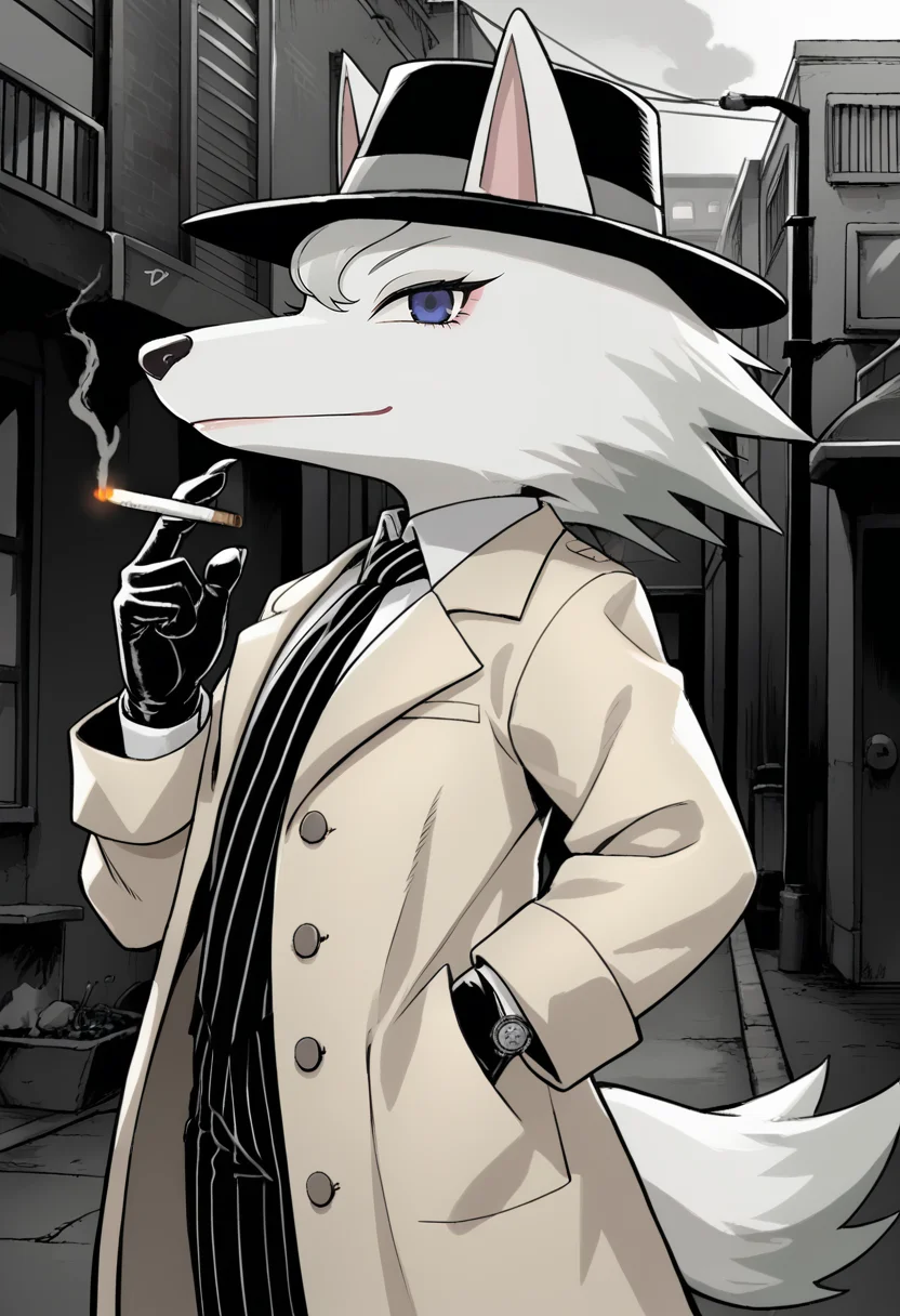 score_9, score_8_up, score_7_up, BREAK,
whitneyc, wolf, white fur, flat chest, 1girl, female, solo, blue eyes, black nose, sketch, from side, looking at viewer, amused, smirk, shushing, hand up, finger out, tail, anime, cowboy shot, black and white, greyscale,
detective, tan trench coat, long coat, black gloves, fedora, wide-brim hat, pinstripe trousers, pocket watch, tie, collared shirt, cigarette, mysterious expression, noir style, urban setting, shadowy lighting,
, <lora:Whitney_v2aS98:1>, zPDXL,