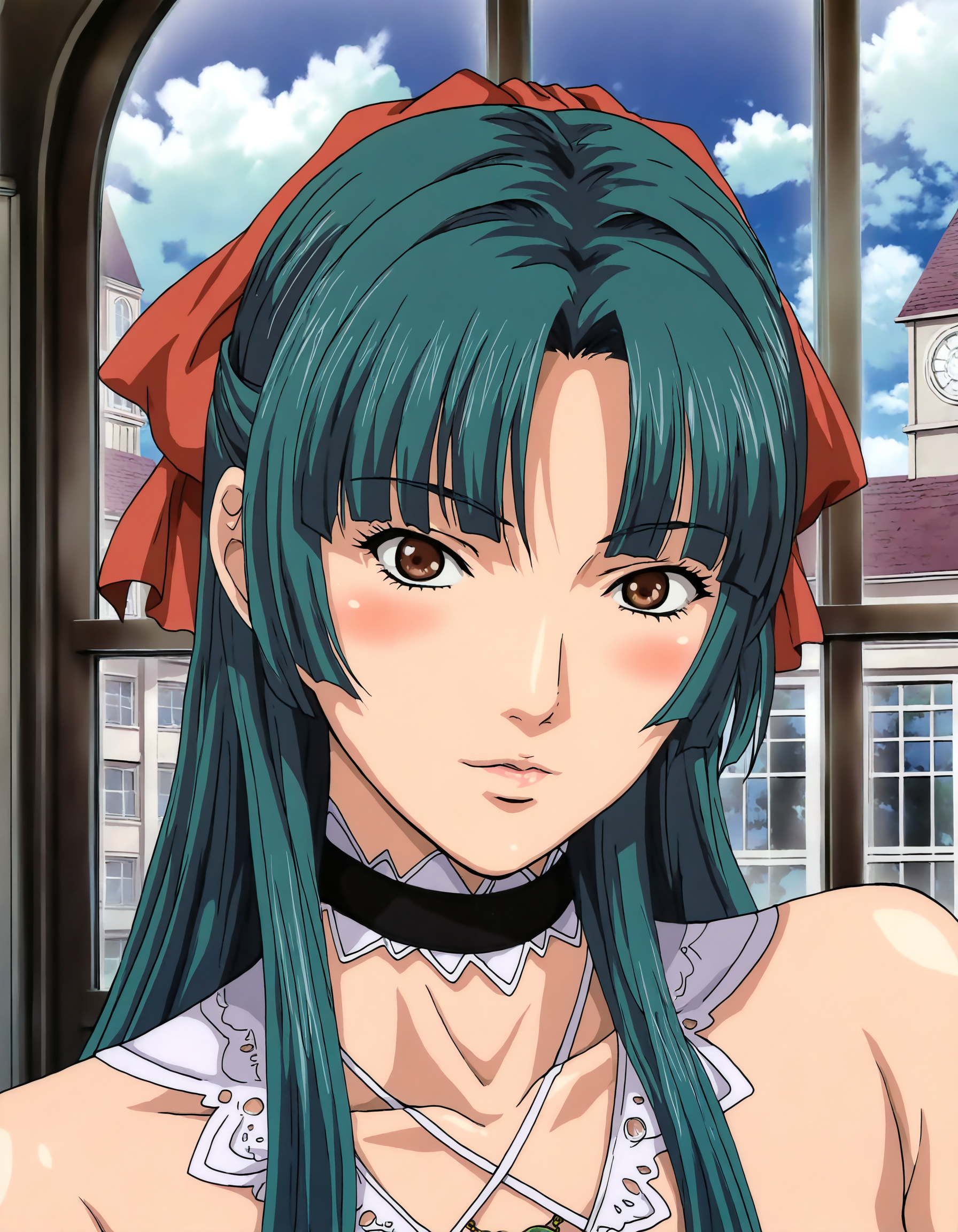 masterpiece, good quality, best quality, absurdres, highres, very awa,
1girl, Mamiya Marika,
portrait, solo,
looking at viewer, blush,
green hair, long hair. half updo, brown eyes,jewelry, frilled choker,
luxury mansion, window, complex background, blue skies, clouds
<lora:Mamiya Marika 3216 NoobAIXL V-pred:1>