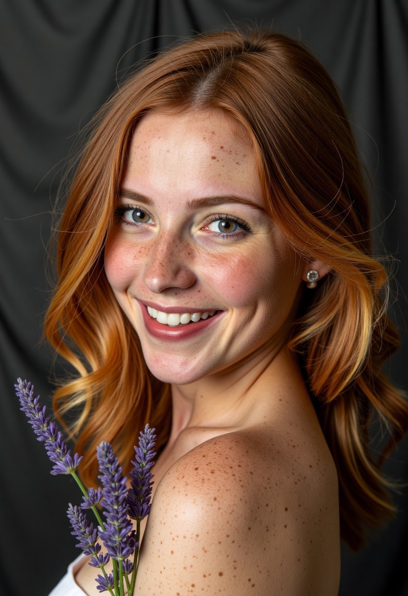 A striking studio portrait photograph captures a young woman, a bikini model, radiating warmth and confidence against a deep charcoal gray backdrop. Her auburn hair, subtly highlighted with golden strands, cascades in loose waves around a face dusted with a captivating pattern of freckles across her skin, as she gazes gently towards the camera with a soft smile revealing pearly white teeth. A single sprig of lavender rests delicately near her left shoulder, subtly contrasting with her skin, while diffused, soft light gently illuminates the textures of her hair and skin, creating a serene and inviting atmosphere. The background remains a seamless expanse, subtly textured to avoid distraction from the model's natural beauty and poised stance. Freckled_Hot_Babe