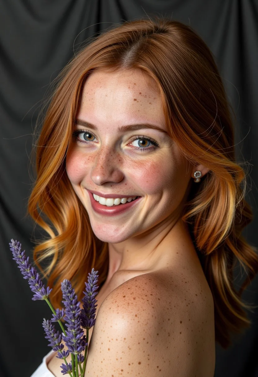 A striking studio portrait photograph captures a young woman, a bikini model, radiating warmth and confidence against a deep charcoal gray backdrop. Her auburn hair, subtly highlighted with golden strands, cascades in loose waves around a face dusted with a captivating pattern of freckles across her skin, as she gazes gently towards the camera with a soft smile revealing pearly white teeth. A single sprig of lavender rests delicately near her left shoulder, subtly contrasting with her skin, while diffused, soft light gently illuminates the textures of her hair and skin, creating a serene and inviting atmosphere. The background remains a seamless expanse, subtly textured to avoid distraction from the model's natural beauty and poised stance. Freckled_Hot_Babe