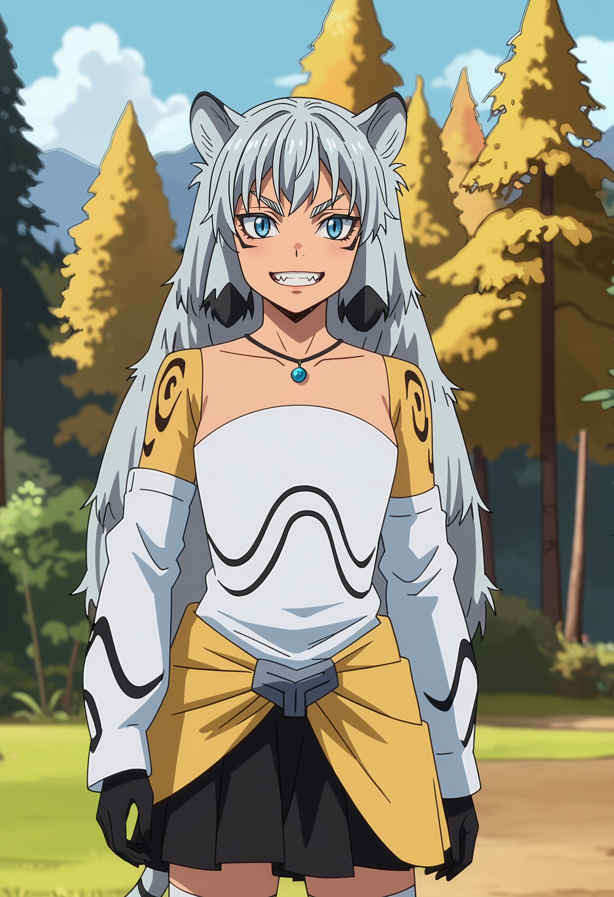 score_7_up, anime screencap,
<lora:TenSura_SuphiaXL:0.9>, SuphiaTS,
1girl, solo, teeth, grin, fangs,
long hair, two-tone hair, grey hair, black hair, blue eyes, tiger ears, tiger tail,
strapless shirt, white shirt, pendant, detached sleeves, black gloves, yellow sash, pleated skirt, black skirt, white thighhighs,
looking at viewer, cowboy shot,
blurry background, outdoors, mountains, scenery, forest, blue sky