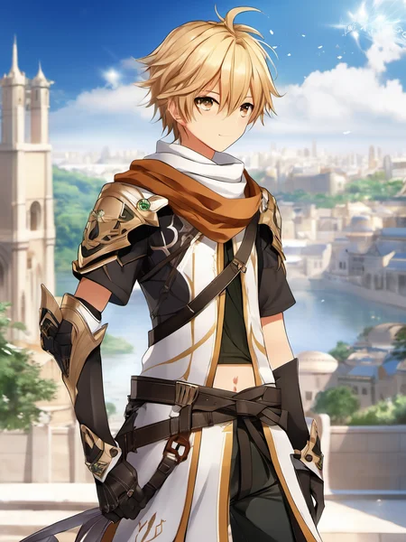 anime artwork <lora:Aether-Genshin-ImpactV1.2:0.65>, a photo of young boy aether, ahoge, black gloves, blonde hair, golden eyes, complex background, brown shirt, earrings, white scarf, standing with serious looking, high quality, 8k, soft shadows, dystopia, full body shot , (masterpiece, best quality, ultra-detailed, best shadow), shoulder armor, armor, magic, (detailed background),depth of field, (male, young boy), symbol-shaped_pupils, looks like 15 years old, sora, curly blonde hair with long ((braid)) on the back, detail shot, short sleeves, (navel) . anime style, key visual, vibrant, studio anime, highly detailed