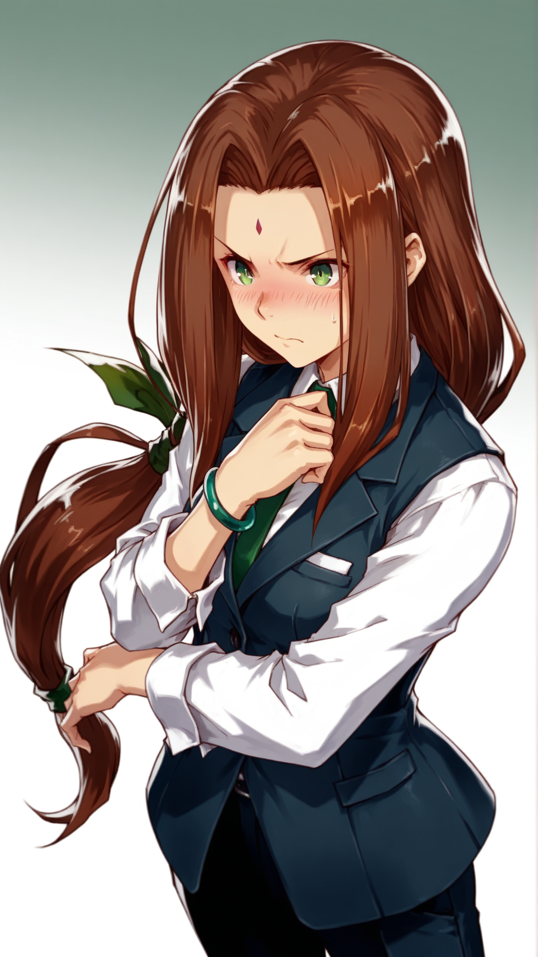 source_anime, general, best quality, masterpiece, 1girl, <lora:sania_ill:1> sania\(arkthelad\),long hair, brown hair,green eyes,facial mark,low-tied long hair, jewelry, business suit, bracelet,dynamic pose, dutch angle, flustered, (angry:0.7), (embarrassed:0.8),