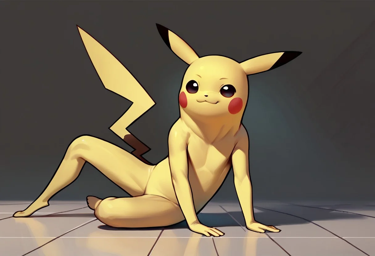 score_9, score_8_up, score_7_up BREAK Longchu, yellow body, black round eyes, black ear tips, red circle cheeks, full body, tall, long legs, sitting on floor, looking at viewer,