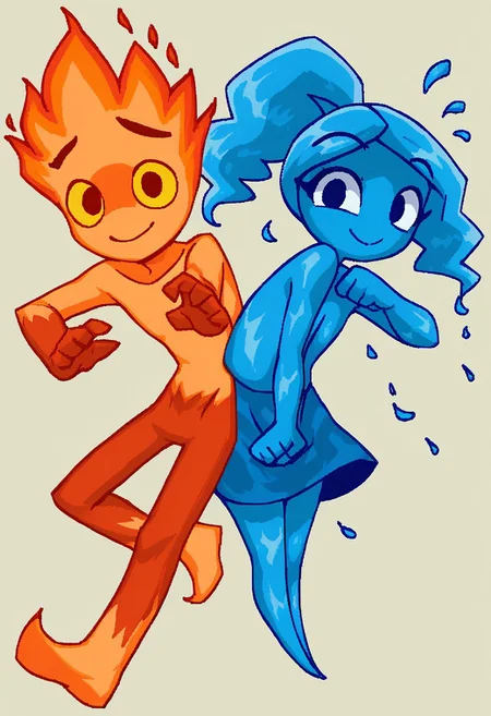 score_9, score_8_up, score_7_up, score_6_up, score_5_up, score_4_up, BREAK
1girl, colored skin, blue skin, blue hair, watergirl, ponytail, side to side, dynamic pose, together, 1boy, fire, fiery hair, yellow eyes, fireboy, no humans, smile, looking at viewer