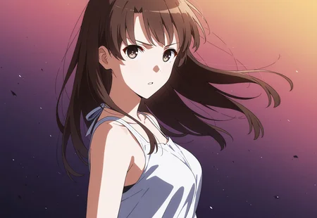 1girl, m3gum1kat0,brown hair, bangs, pupils,brown eyes,medium breasts, long hair, ((detailed eyes))
neon, exotic, epic, from side, looking at viewer , serious, soft shading, collarbone, floating hair, parted lips, upper body, gradient background, (detailed background:0.85), sleeveless dress,
(masterpiece, best quality, very aesthetic, absurdres, highres:0.7), (very awa:0.6), MythAn1m3
