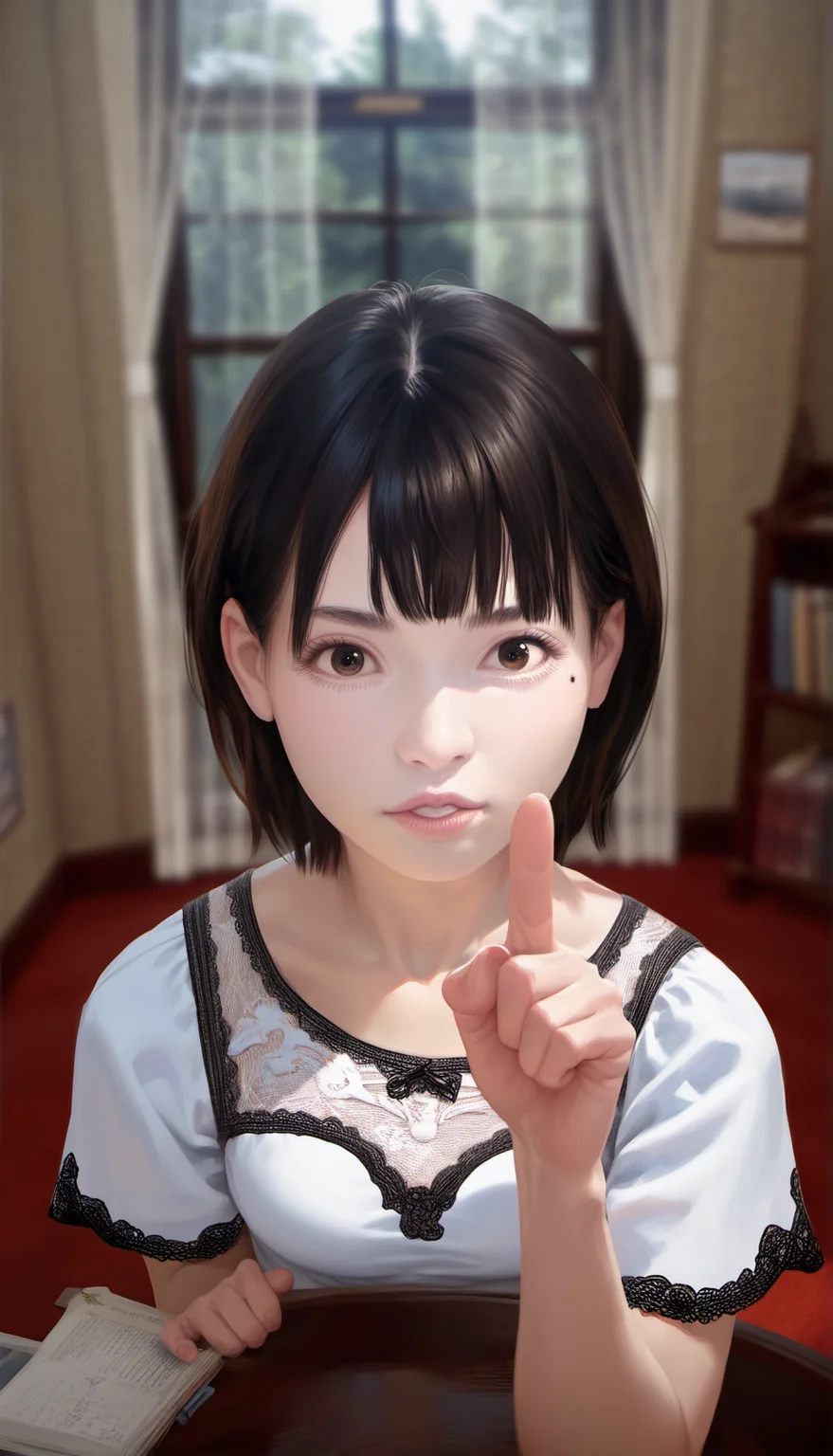 score_9,score_8_up,score_7_up,<lora:ChisatoShinjo:1>,
chisatoshinjo,
photorealism, 
 1girl, solo, black hair, short hair, bangs, brown eyes, beauty mark, looking at viewer, parted lips, white blouse with lace details, portrait, from above, pointing at viewer, blurry background, indoors, living room, vintage room, at a round wooden table, windows, curtains, warm cozy atmosphere