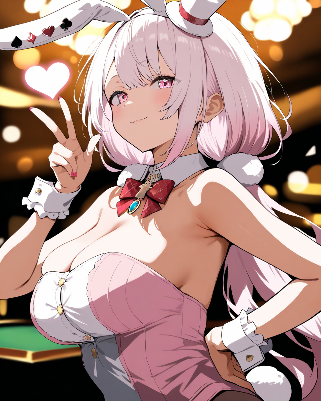 1girl,
ShiinaYuikaNijisanji,
sensitive, solo, from side, upper body,
beautiful eyes, looking at viewer, smile,
rabbit ears,
mini hat,
long hair, low twintails,
playboy bunny, pose, hand up, open hand, pointing,
red bow, detached collar,
strapless, brooch,
large breasts, cleavage,
hand on own waist,
wrist cuffs,
spade (shape), heart, diamond (shape), club (shape),
casino, cinematic lighting, high contrast, anime coloring,
depth of field,
<lora:kp_ShiinaYuikaNijisanji12thCostumeAnimagineXL_v1_1:1.0>,
masterpiece, high score, great score, absurdres