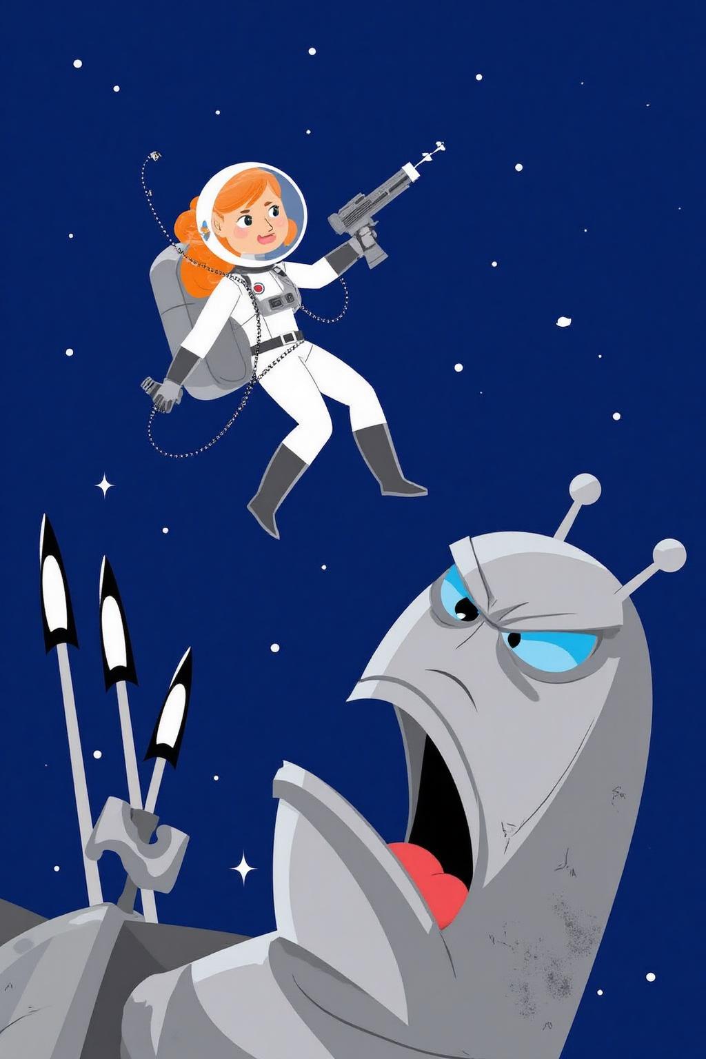 vector art.
The image depicts a cartoon-style scene with a space-themed background. A female astronaut is shown mid-flight, wearing a white spacesuit with black accents and a helmet. She is holding a futuristic weapon, and her expression is one of determination. The background is a deep blue with scattered stars, giving the impression of outer space. In the foreground, there is a large, grey, mechanical creature with a menacing expression. It has a wide-open mouth, a prominent blue eye, and two antennae on its head. The creature appears to be attacking or confronting the astronaut. Additionally, there are two black and white darts or projectiles in the lower left corner, which seem to be part of the scene's action. The overall style of the image is whimsical and cartoonish, with exaggerated features and vibrant colors. The scene suggests a dynamic and action-packed moment, likely from a story or animation.
 <lora:vectorart1_cap_d6a3:1.0><lora:844059334209074243:0>