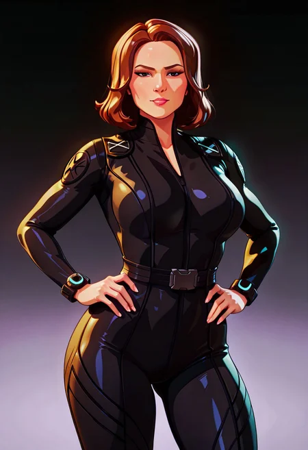 whatif-bw, solo, half shot, looking at viewer, brown hair, black bodysuit, large breasts, hands on hips