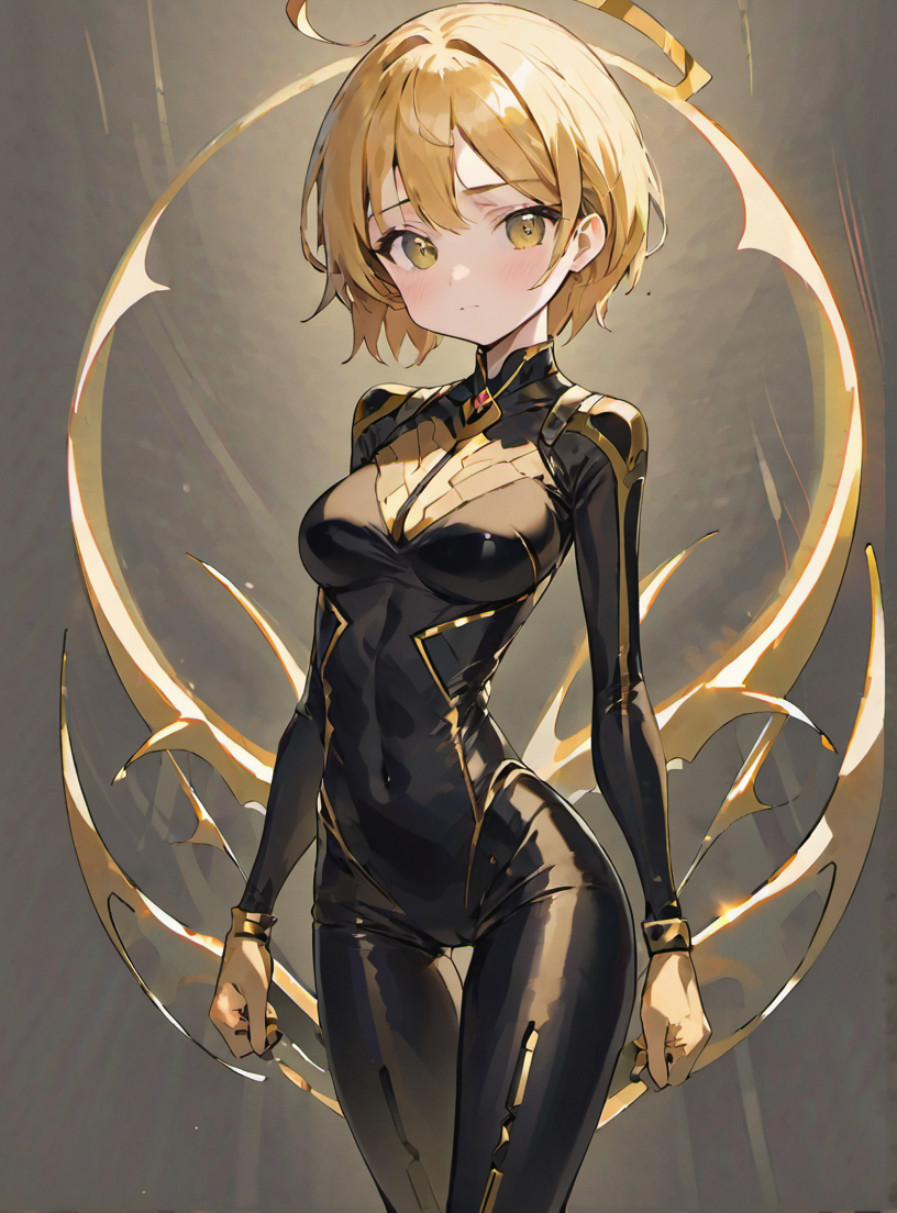 <lora:OrangeMaru-1:1> omyd girl, tall slender, thin, 1girl, hair ties, short gold hair, side ponytail above average breasts, silver tiny eyes, full body, oriented diagonally
