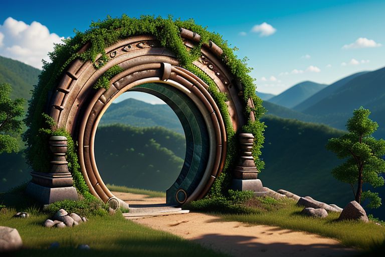 Hyperrealistic art, lush green wooded mountain pass landscape, a fantasy glowing Vivid multi-colored Runes covered made of crystals and marble Circular gate (Circular portal:1.3), fantasy, magic doorway, blue sky, Extremely high-resolution details, photographic, realism pushed to extreme, fine texture, incredibly lifelike,